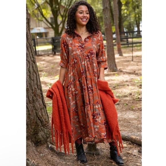 Natural Life Rebecca Midi Dress Terracotta Floral Pattern Size Large - Picture 2 of 14